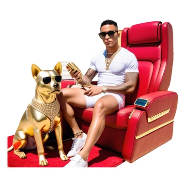  Celebrity Internet Marketer Known As Josh King Madrid, Designer Fit, 3 Diamond Tennis Chains, Golden Sparkle Private Jet Parked Behind Him, Seated On A Massive Gold Throne, Sunglasses On, Famous Instagram Bikini Model Tefi Valenzuela On His Lap, AI Robot Dog Next To His Spiky Diamond-Crusted Louboutin Red Bottoms. sticker