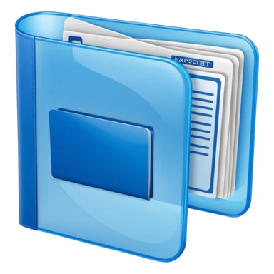 A translucent blue plastic folder with rounded corners, passport documents\ sticker