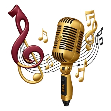 Create a sophisticated and smooth emoji representing jazz vocal performance. The design should feature a stylized microphone, with musical notes swirling around it to convey the fluid, improvisational nature of jazz. Add subtle elements like a vintage microphone stand or a hint of a singer’s silhouette in the background to reflect the live, intimate feel of jazz performance. Use deep, rich colors like gold, black, and burgundy to evoke the classic, smooth vibes of jazz. The background should be transparent. sticker