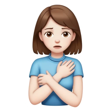 A brown haired girl, choking her neck with crossed arms ￼ sticker