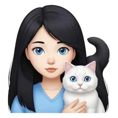 black hair Asia girl with White British longhair cat blue eyes  sticker