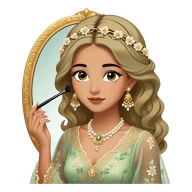  Middle Eastern-inspired moment of a woman getting ready in front of a mirror. She wears a delicate floral dress with sheer, flowy sleeves, accessorized with gold jewelry and traditional pearl-adorned hair clips. Her  as she applies mascara, her reflection revealing a soft smile.  sticker