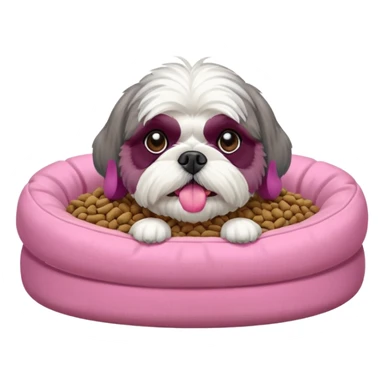 old ALL grey shih tzu in pink dog bed tongue hanging out near bowl of food sticker