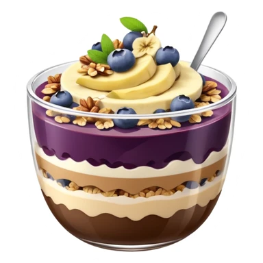 Açai bowl in a clear cup with layers of biscof , nutlella, granola, condensed milk and banana sliced and blueberrys on top sticker