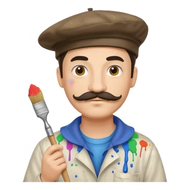 male artist with a mustache beret paint-splattered smock holding a brush sticker