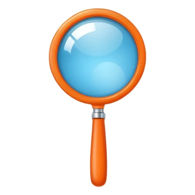 A stylized blue magnifying glass tilted right, flat design, minimalist, vibrant orange handle, white circular background, high resolution, 2048x2048 pixels, vector art, clean lines sticker