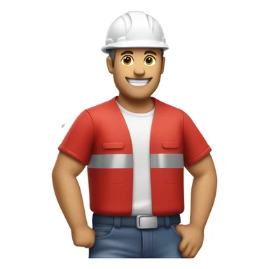full body worker with white hard hat and red t-shirt celebrating, confetti sticker