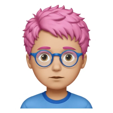boy with short, curly pink hair, matching blue eyebrows, light brown skin, round black glasses, and a neutral facial expression. sticker