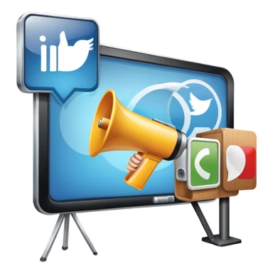 An icon featuring a megaphone, a billboard, and social media icons, symbolizing advertising and public relations. The design includes a press release and a rising graph, representing brand promotion and communication strategies. Transparent background highlights media influence and outreach. sticker