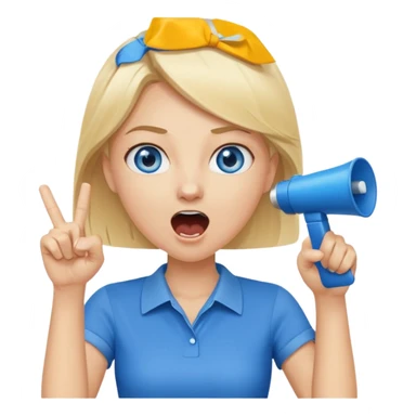 blue eyes blonde girl yelling into megaphone and holding up 1 finger in the other hand siling sticker