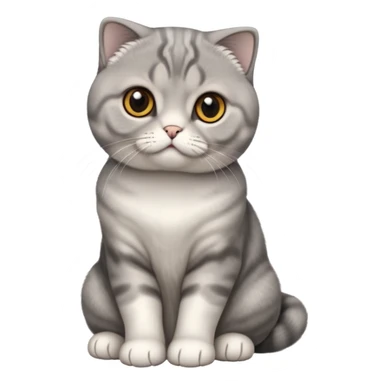 Cinematic-Scottish-Fold-Cat-Realistic-Full-Body-Sitting-Emoji – Tail curled playfully around its paws, head tilted dramatically, thick and plush solid-grey fur, signature folded ears resting gently against its round head, simplified yet realistic focused features, highly detailed, glowing with an almost sarcastic glow, deep amber eyes radiating quiet wisdom and charm. sticker