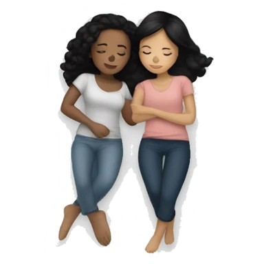 Two girls one with tan skin black hair one with white skin black hair cuddling in a bed together  sticker