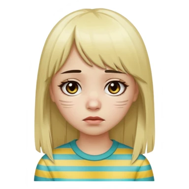 Girl with long straight dark brown hair and blonde striped streaks, with bangs. Light skin and dark eyes. Turn her into a cute zombie version — pale greenish skin, dark eyes, small wounds under eyes, keep her hair and mechas the same, emoji-style. sticker