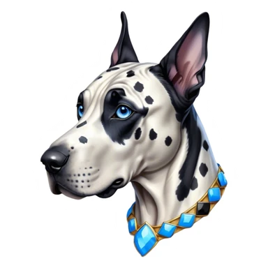 Cinematic Noble Harlequin Great Dane Portrait Emoji, Poised and regal, with a towering, muscular build and a striking coat of predominantly white with bold black patches, deep-set soulful blue eyes, Simplified yet sharp and sophisticated features, highly detailed, glowing with a soft, dignified glow, high shine, intelligent and loyal, stylized with an air of majesty, focused and attentive, soft glowing outline, capturing the essence of a watchful and confident guardian, so majestic it feels as though it could stride out of the screen with effortless authority! sticker