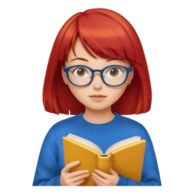 a girl with red hair and bangs with glasses wearing blue sweater reading a yellow cover book sticker