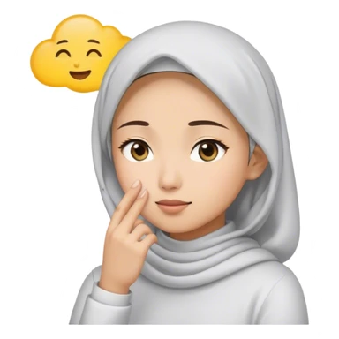Model: Sticker. A white young asian Muslim woman are thinking something. Her eyes rolling to up right. Her hand touching face. There's emoji cloud to describe what she thinking about. sticker