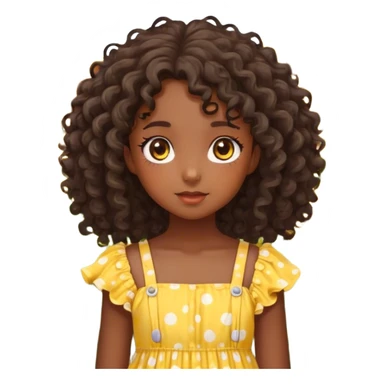 Create an image of a young dark Kawaii girl with detailed features. She has curly hair cascading down her shoulders and striking, large hazel eyes. She is wearing a yellow sundress with white polka dots standing in a field full of sunflowers sticker