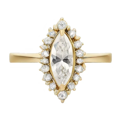 A marquise diamond ring with a vintage floral halo, small diamonds around the center stone, and a thin gold band.  Elegant and timeless. With a diamond gap wedding band sticker