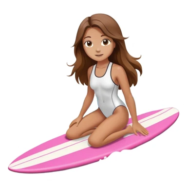 Girl with long brown hair surfing at pink short board in the white swimsuit  sticker