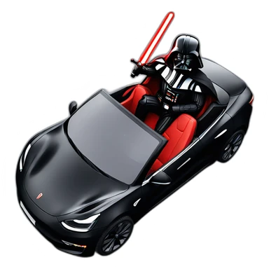 Darth Vader with red lightsaber on riding inside a open top black Tesla Model 3, front view sticker