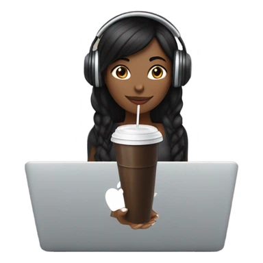 A girl with black hair is wearing black over - ear headphones. She is holding an iced Americano in one hand and a MacBook in the other sticker