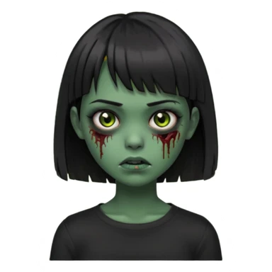 Zombie girl emoji verde escuro com cabelo curto liso preto no ombro e franja na altura da sobrancelha cobrindo completamente a testa, usando uma blusa preta, com a cor dos olhos sendo PRETOS  sticker