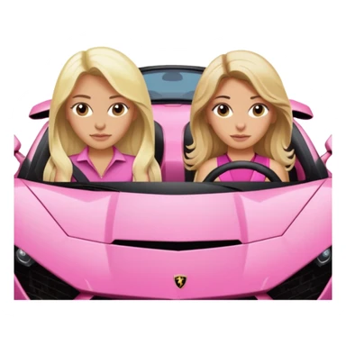 Make car far away so I can see full car Car facing forward in pink sports car. Make hair long are not smiling but very pretty. One girl is blonde, one girl is brunette. Front of car sitting in the seats. Make it a pink sports car. They are two baddies make it a Lamborghini pink car  sticker