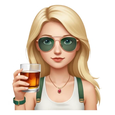 girl with long blond hair
with blue eyes
and aviator sunglasses
wearing white tank top 
holding a glass of whiskey 
wearing (rose gold apple watch with forest green band) sticker