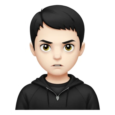 Vampire boy with the short black hair, pale-white skin, black eyes, little fangs and dark circles under his eyes. He has serious face and he wear a black oversize sweatshot sticker