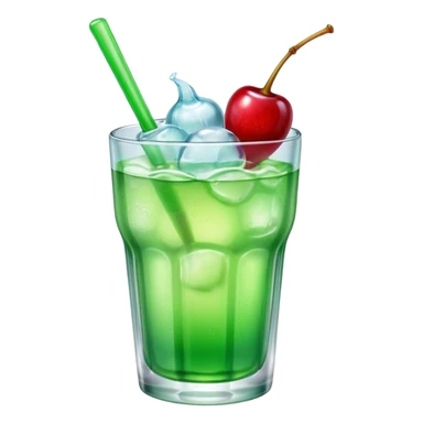 Create an emoji with a very clear rounded glass and ice, bright transparent green soda , a smooth vanilla scoop circle shape, a glossy red cherry, using vibrant colors, soft shading, and clear glass highlights.
 sticker