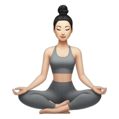 Pale skinned fit woman In a gray tight yoga suit and wristbands With black hair in a bun sits in the lotus position sticker