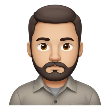 Stocky approachable man with light brown complexion, round friendly face, full cheeks, kind dark eyes, thick eyebrows, wide nose, medium lips with warm expression, short well-maintained full beard, short dark hair with simple cut, wearing a gray casual button-up shirt sticker