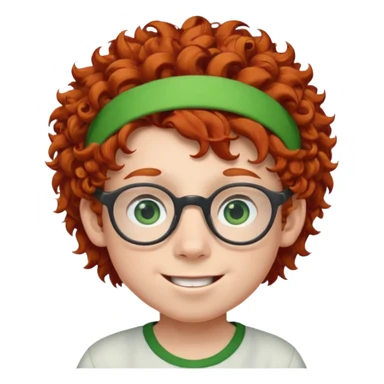 redhead kid with unique face features and very curly hair kid boy happy and big glassess and big nose and very green eyes and headband sticker
