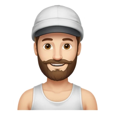 Alex Hormozi, white man with mid-long hair wearing a cap, big beard, smiling, white tank top sticker