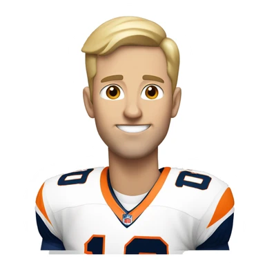 blonde caucasian man with short hair wearing a broncos jersey with the number 10 and holding a football sticker