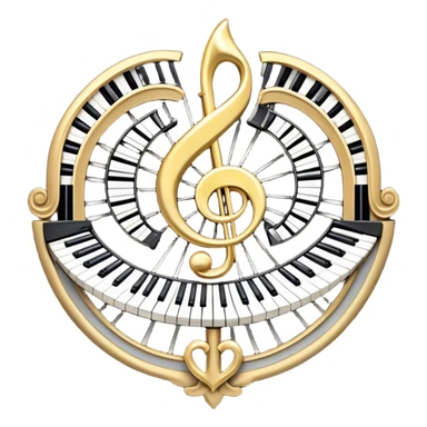 Create an elegant and festive emoji collage representing keyboard instruments, styled like a heraldic emblem. The design should feature a central focal point of black and white piano keys, arranged in a semi-circular or shield-like shape. Around the piano keys, add intertwining musical notes that form flowing ribbons, creating a dynamic and celebratory atmosphere. The design should be professional, with polished silver and gold accents on the keys and notes, highlighting the luxury and sophistication of the instruments. Add subtle shading and lighting effects to give the design a refined, 3D appearance. The background should remain transparent, and the overall feel should evoke grandeur, artistry, and a sense of celebration. sticker