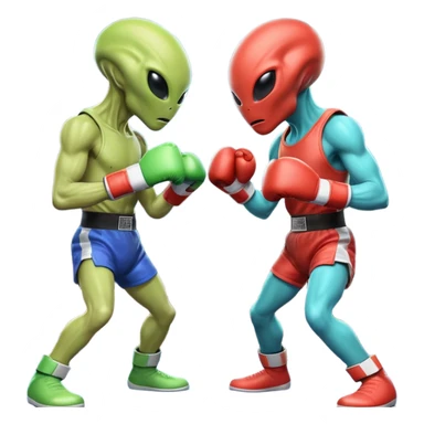 two aliens boxing in a fight stance, facing each other with raised gloves, dynamic action pose, intense expressions, sci-fi arena vibe, 3D cartoon style, mobile game icon style, clean background, no text, no watermark
 sticker