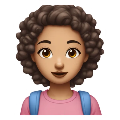 girl has darkbrown curlyhair and brown eye  a skin between white and brown and a Asian type nose and a mole uner her nose and between har first lip and her nose and she has also kinda big forhead and pink kinda big lips and wearing a pink and blue t shirt sticker