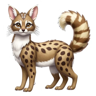 Colorful dark realistic chocolate-brown tropical beige fur glorious divine exotic cute cool beautiful shiny beautiful fantasy-Furret-Eevee-caracal-civet-genet-sergal-vernid-Cacomistle-oncilla-animal-Fakémon-hybrid-fursona with white deer-spots pattern markings (full body) sticker
