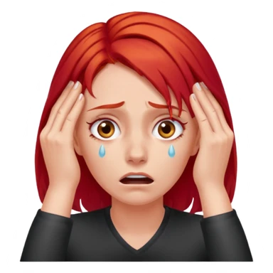 A realistic waist-up portrait of a frightened woman with her hands on her head and red hair sticker