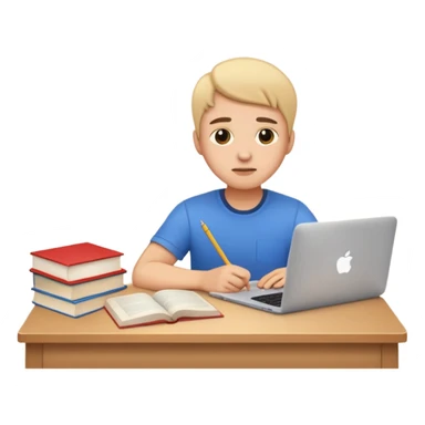 emoji student studying at home english books, macbook bored, room, white background sticker