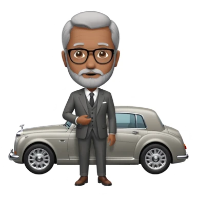 Professor Bentley Dyed black gray hair  frencb beard graying indian guy in suit with a bentley car. Older look around 60 yrs  with glasses slight balding sticker