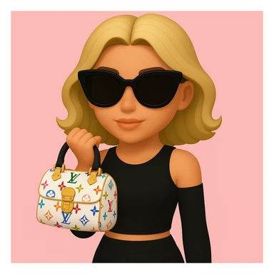 Remove all jewelry, make her lips a lighter pink, adjust her skin tone to be slightly more tan, and change the Louis Vuitton bag to a Speedy 30 Multicolore in white with rainbow monogram. Keep the pink background and sunglasses. sticker