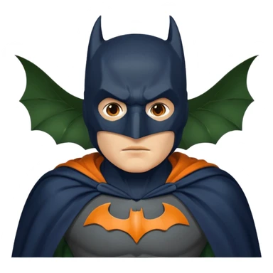 generate a batman emoji with just the face and neck showing and part of the cloak and and wings. Shade the bat logo on the chest in a medium green with a slight olive touch. Shade the mask in dark navy blue and the the cloak in a solid vibrant orange.

 sticker