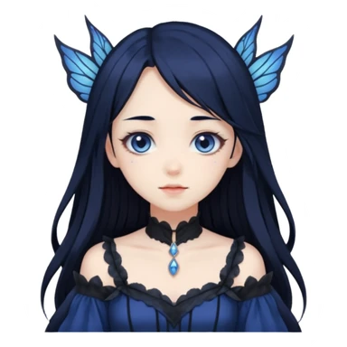 Gothic anime fairy with long beautiful black hair and dark blue dress, pastelcore, sticker