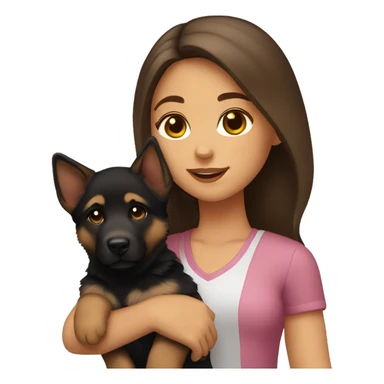 Girl with brown hair and brown eyes holding German shepherd puppy sticker