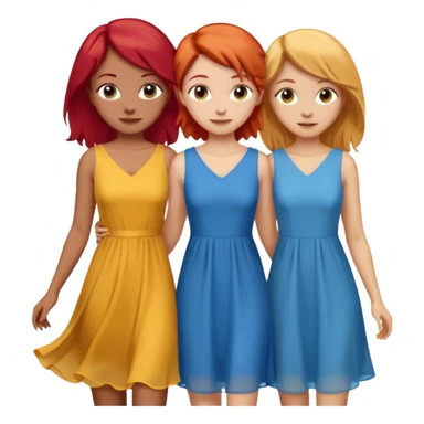 Can you create an image of 3 friends together one with red bright hair light skin one the other with brown hair with some blonde highlights in the hair fair skin the last one with light brown a tint of orange hair with flowy dresses sticker