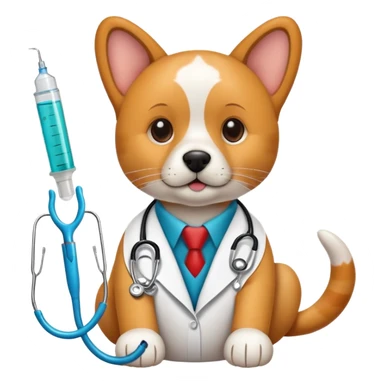 An icon featuring a stethoscope, a paw print, and a syringe, symbolizing veterinary medicine. The design includes a dog and a cat, alongside medical tools, representing animal care, diagnosis, and treatment. Transparent background highlights the science of animal health and well-being. sticker