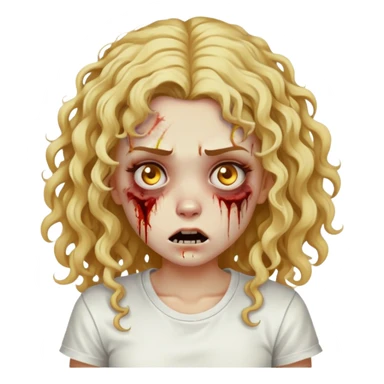 Zombie girl, curly long hair with golden locks, with bruises on her face, wearing a white t-shirt sticker