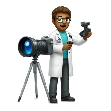 Scientist taking a photo with a big camera while wearing a lab coat sticker